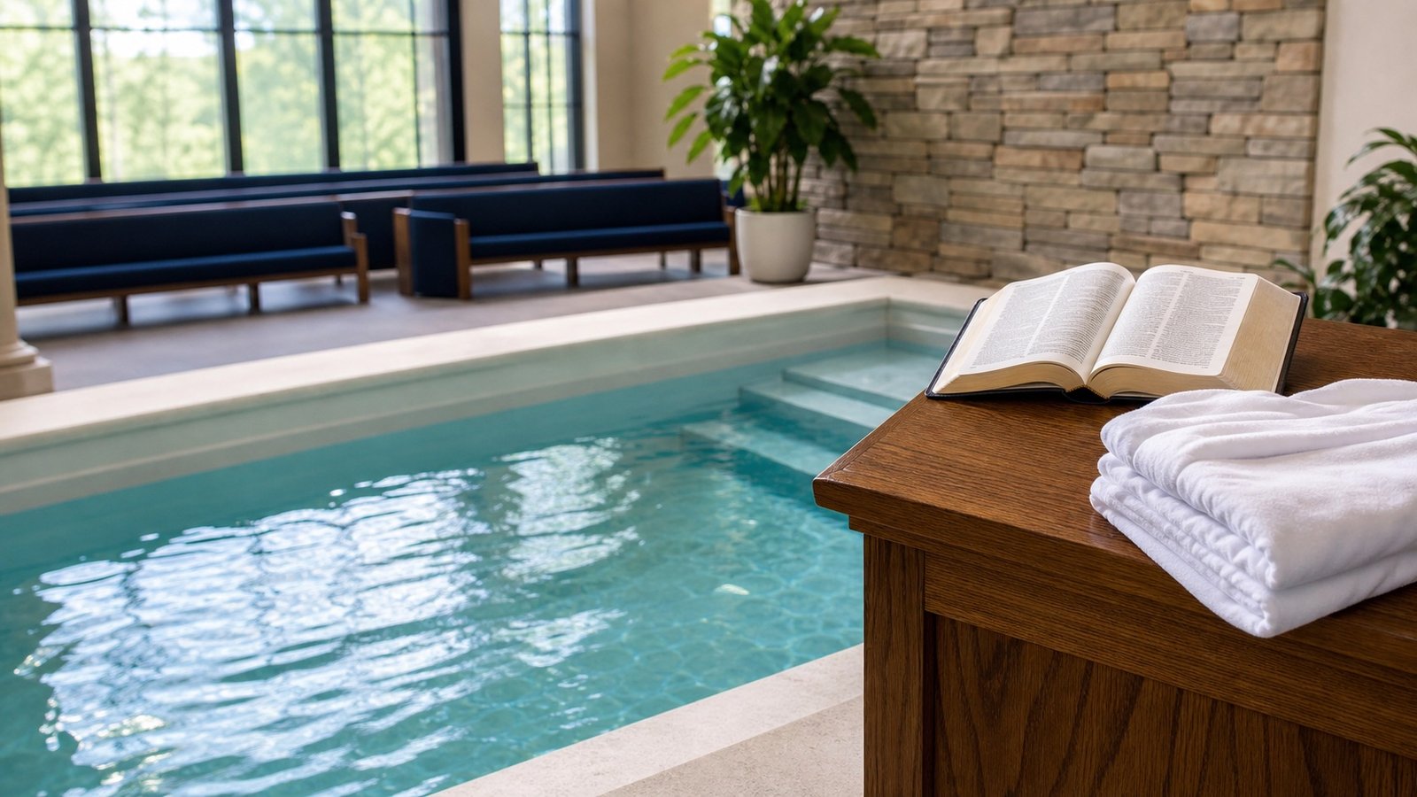 Open Bible beside a church baptism pool and white baptism towels