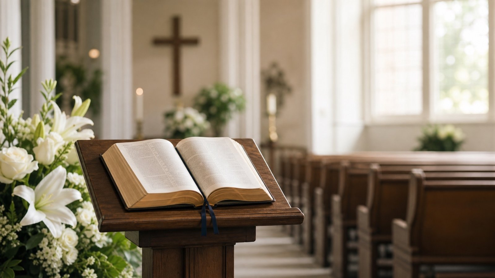 Open Bible and white flowers prepared for a Christian funeral service